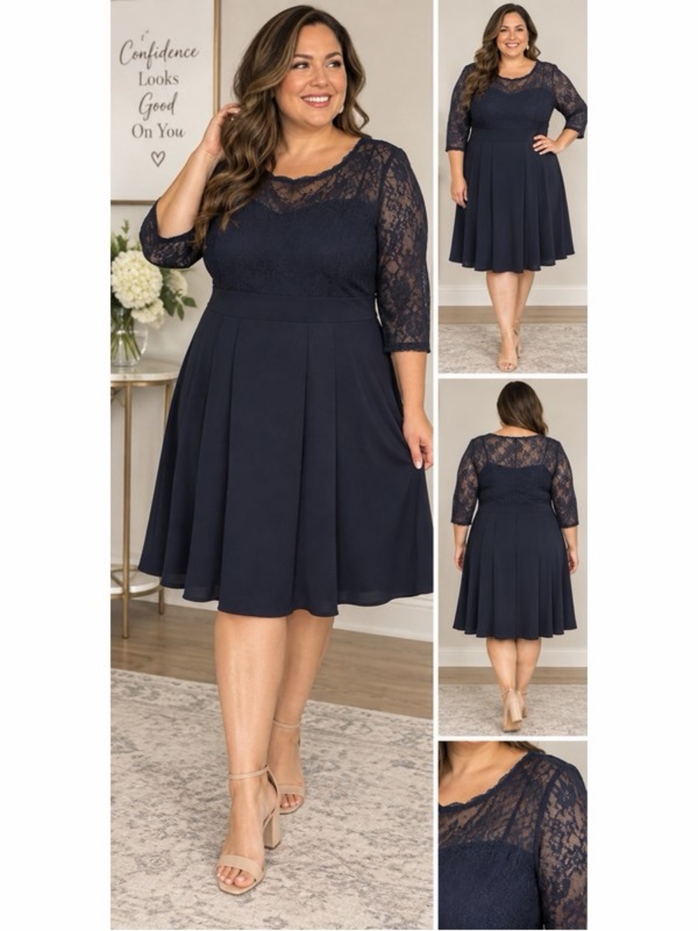 Miusol Special Occasion Dress Lace Top 3/4 Sleeve Fit & Flare Navy NWT Size XL